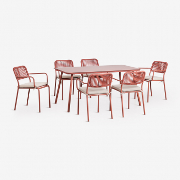 Set Da Tavolo Rettangolare 160x90 Cm E 6 Sedie Da Giardino Impilabili In Corda Intrecciata Arhiza Terracotta - Sklum