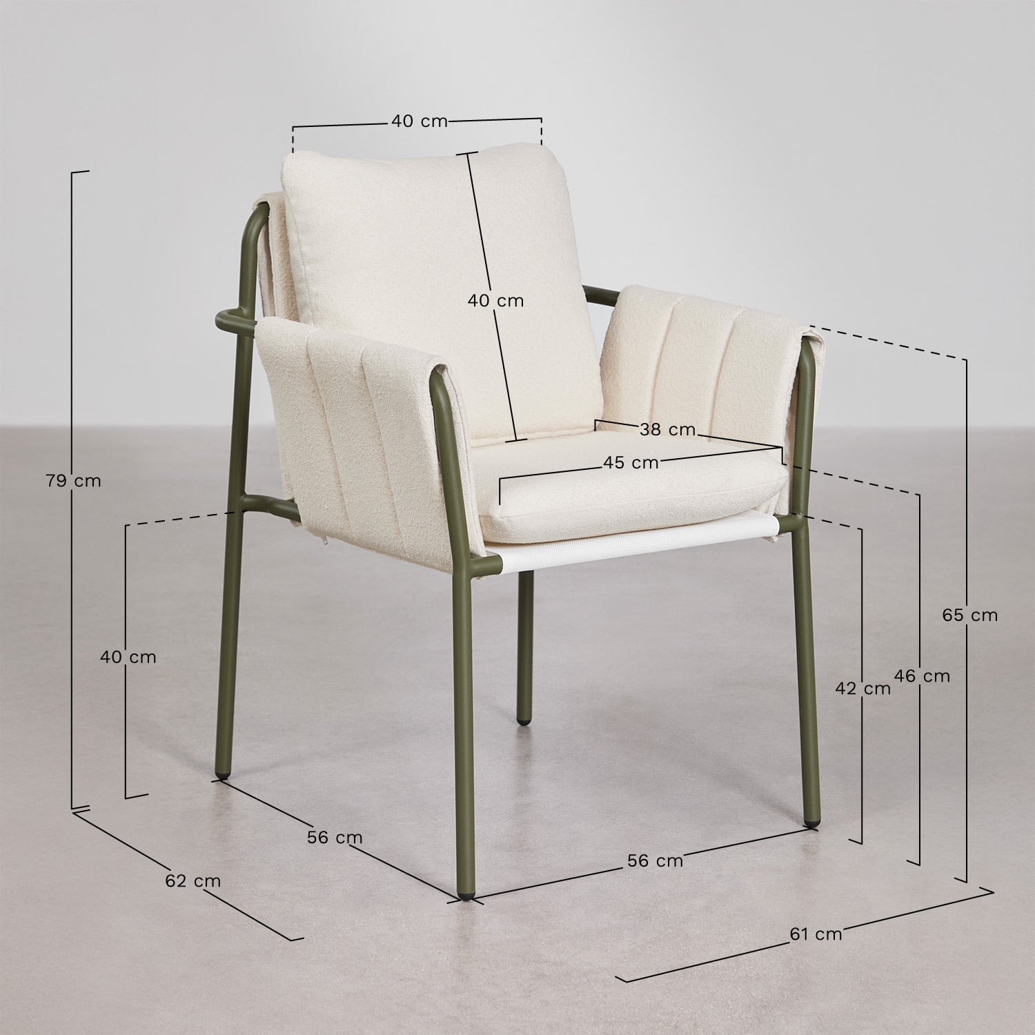 Set da tavolo rotondo Ø150 cm in cemento Numira e 8 sedie da giardino con braccioli imbottite e in acciaio Zunika, MISURE