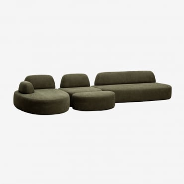Divano Modulare Chaise Longue Sinistro A 3 Pezzi Con Modulo Angolare E Pouf Imbottito Giorgia Tessuto Verde Militare - Sklum