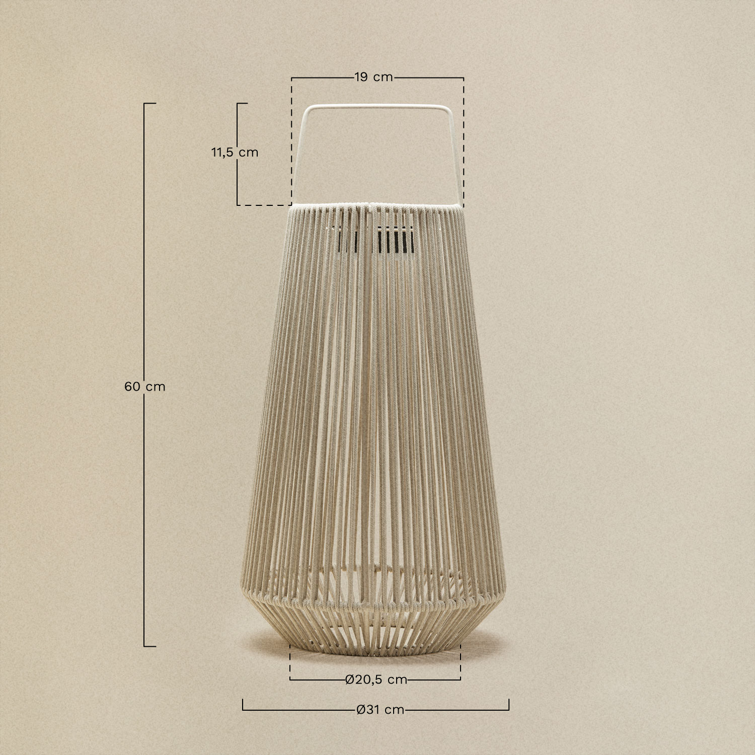 Lampada da tavolo solare LED wireless per esterni in ferro e corda intrecciata Liberian, MISURE