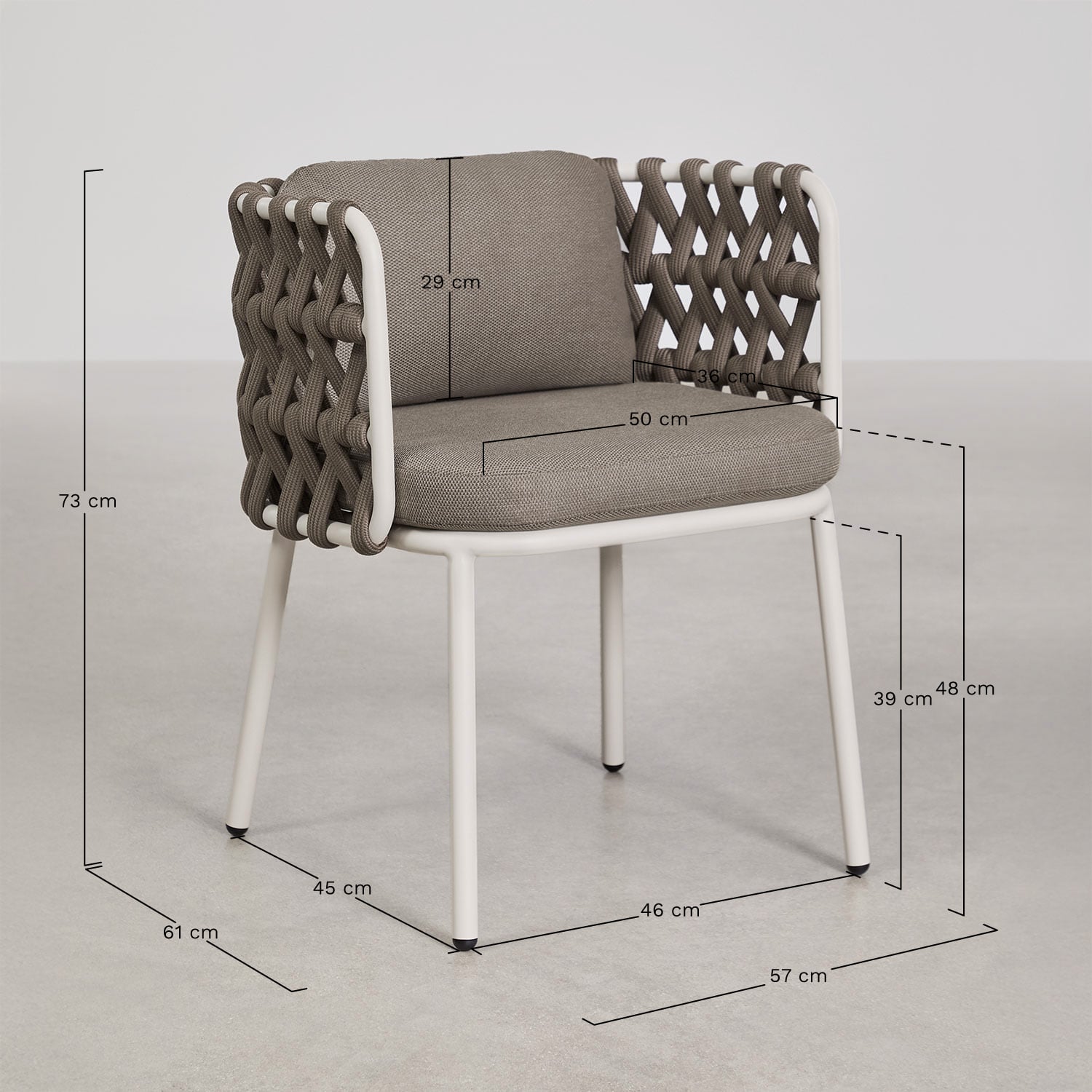 Set da tavolo rotondo Ø120 cm in cemento Eloria e 6 sedie da giardino in alluminio e corda intrecciata Tevary, MISURE