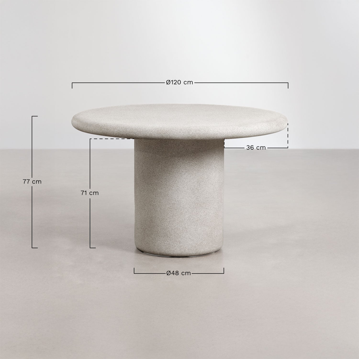 Set da tavolo rotondo Ø120 cm in cemento Emiria e 6 sedie da giardino in legno di acacia Nualis, MISURE