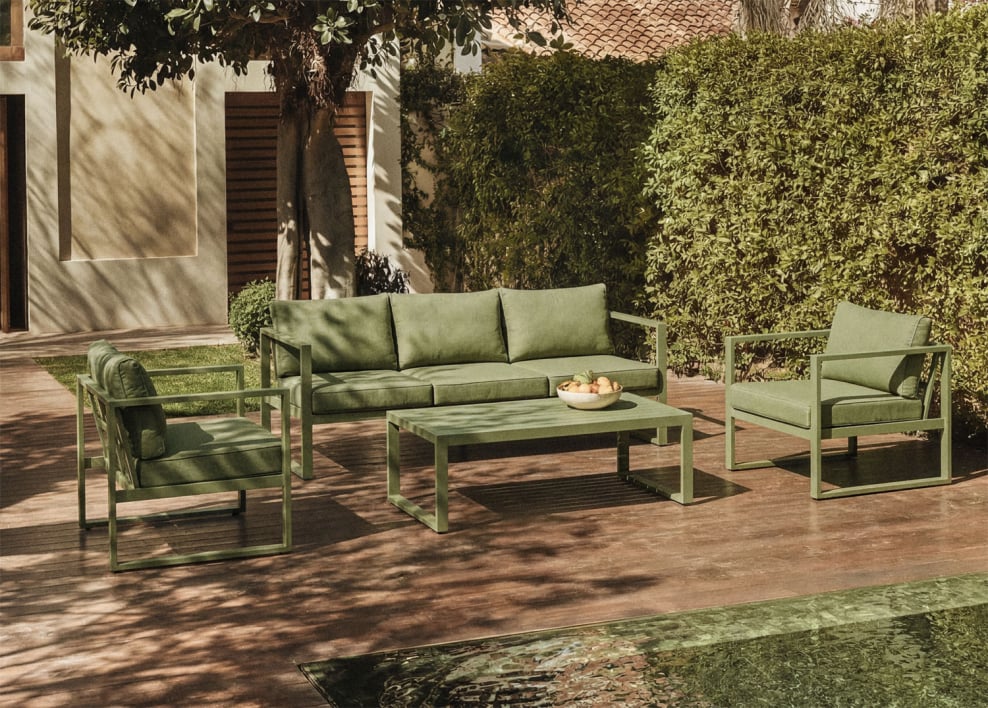 Set da giardino con divano 3 posti, 2 poltrone e tavolino in alluminio Lipov - Verde Olivastro Intenso