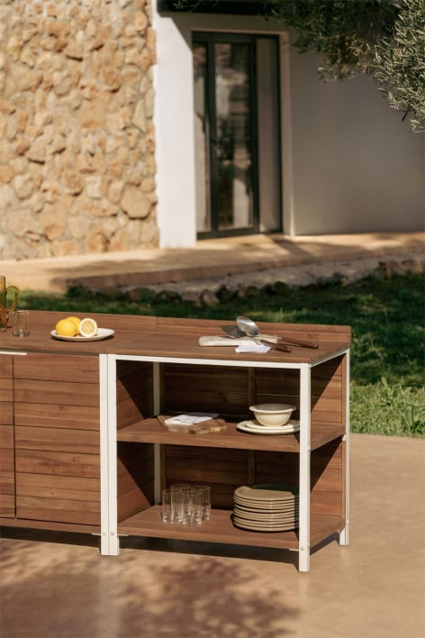 Modulo di stoccaggio con ripiani per cucina modulare da esterno in legno di acacia e alluminio Reggie - Acacia Marrone