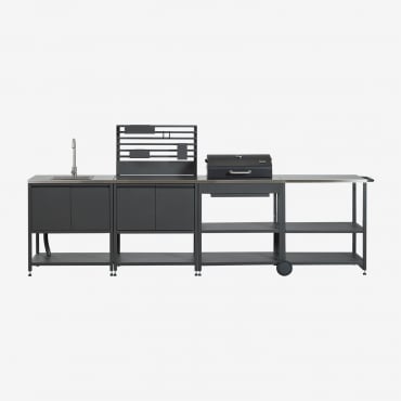 Cucina Modulare Da Esterno Composta Da 4 Pezzi Con Lavello, Pannello Organizzatore, Carrello E Barbecue A Carbone In Acciaio Sav Grigio Grafite & -