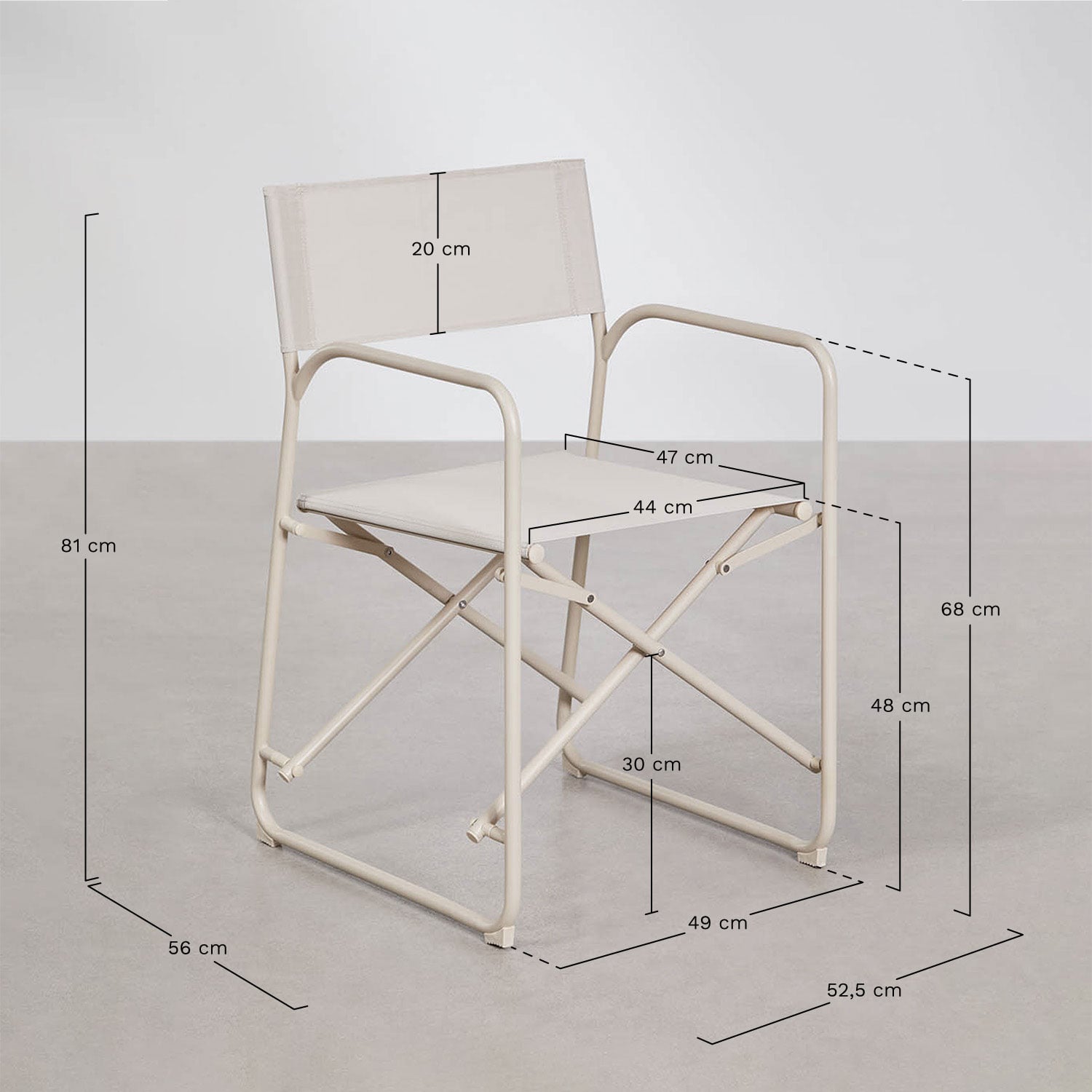 Set da tavolo rettangolare 185x85 cm e 6 sedie da regista pieghevoli in acciaio Melida, MISURE