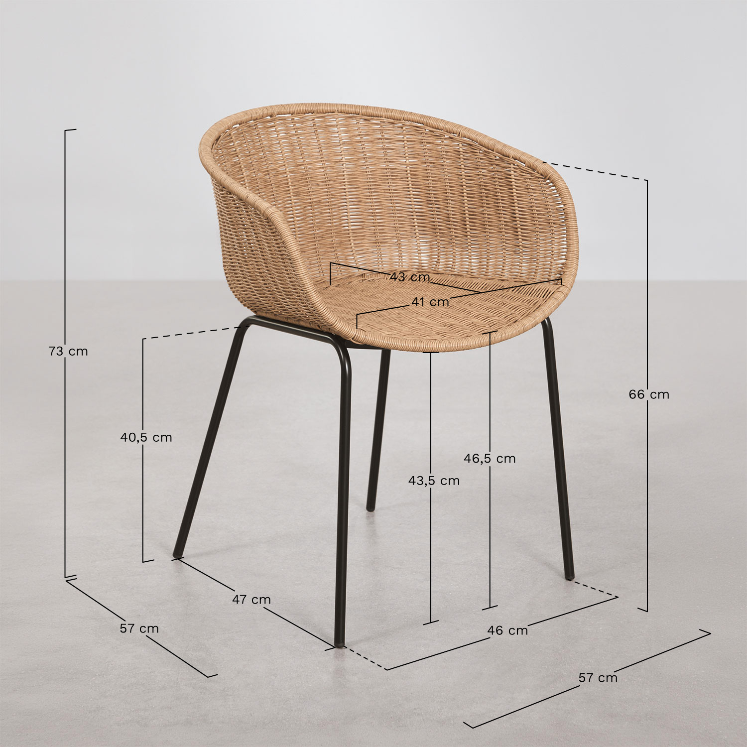 Set di 4 sedie da pranzo con braccioli in rattan sintetico e acciaio New Tulua, MISURE