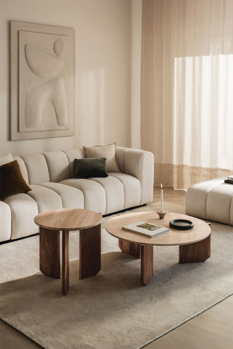 Set di 2 tavolini rotondi in pietra naturale e legno di mango Lavinia - Travertine