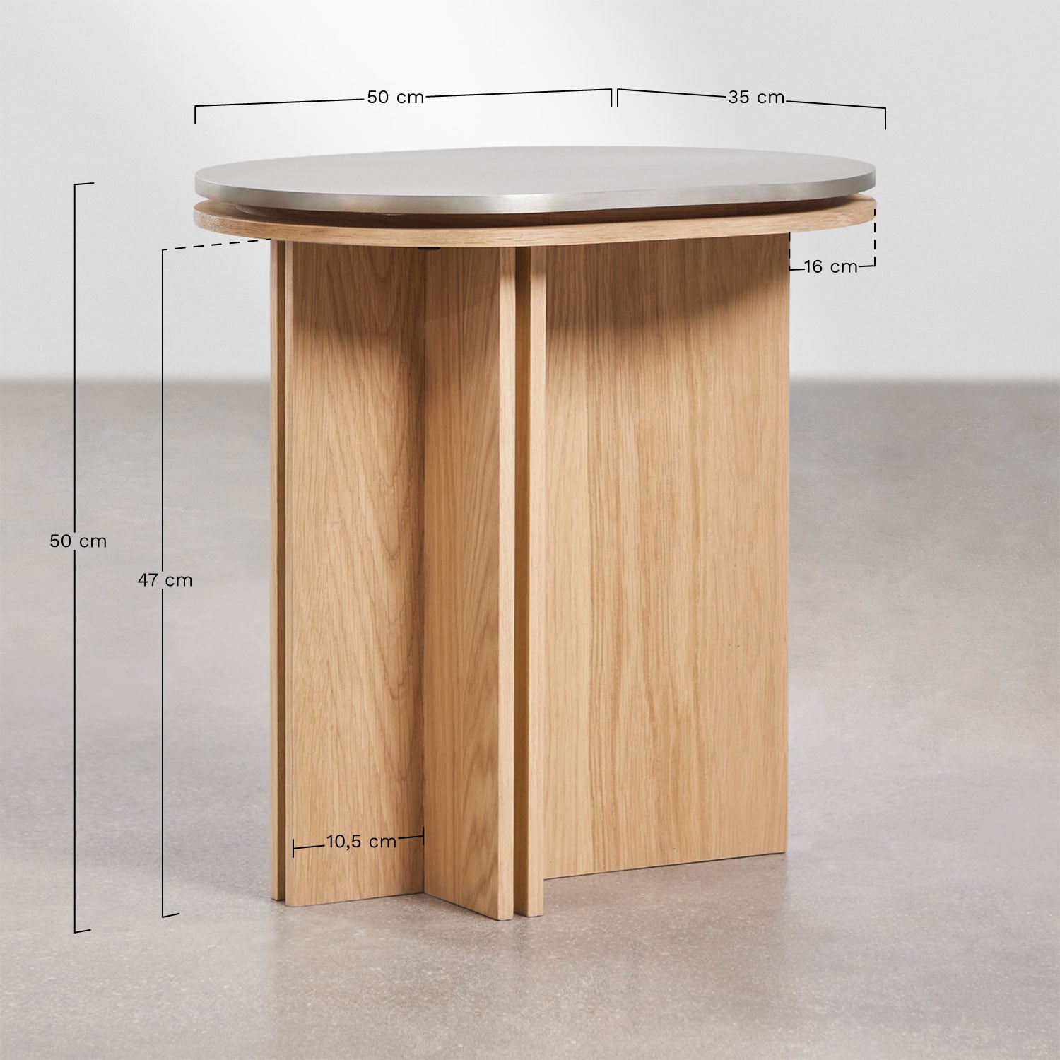 Tavolino laterale ovale 50x35 cm in impiallacciatura di rovere e acciaio inossidabile Lindina, MISURE