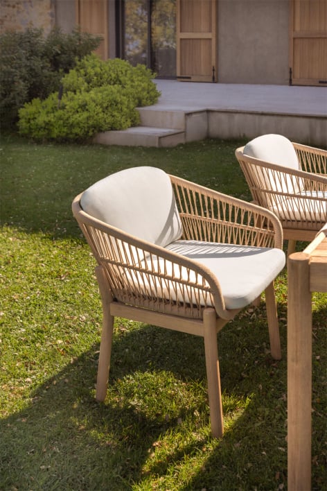 Sedia da giardino con braccioli in legno di acacia e corda intrecciata Karvia - Tessuto Bianco