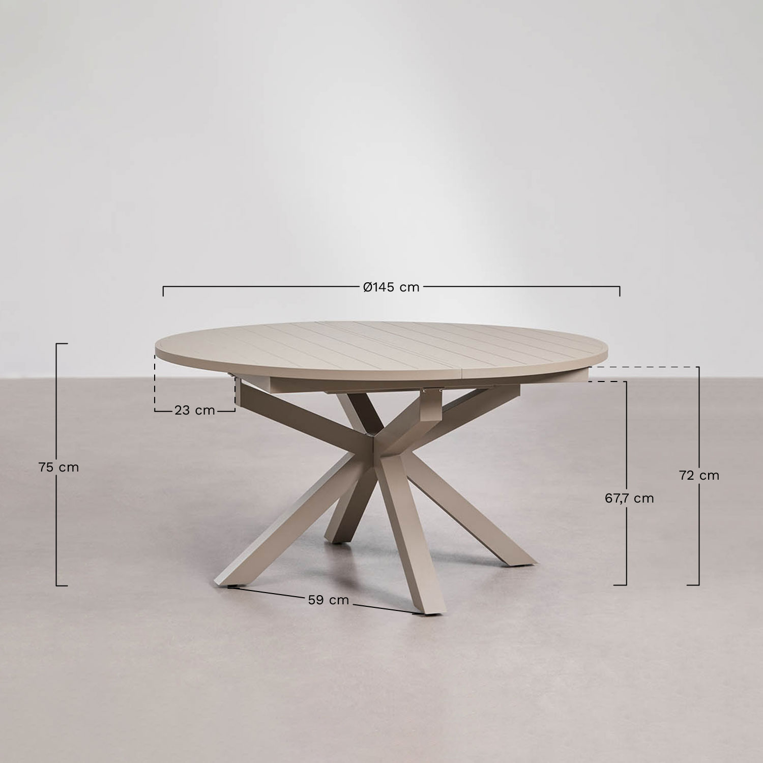 Set da tavolo 145-200x145 cm allungabile in alluminio Barces e 8 sedie da regista pieghevoli da giardino in acciaio Melida, MISURE