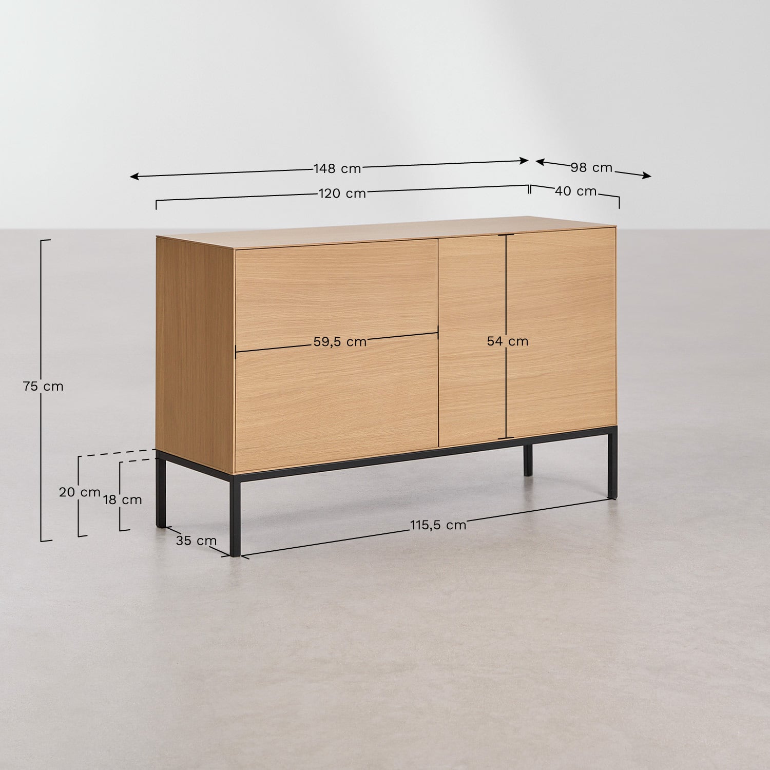 Aparador rettangolare 120x40 cm in MDF e impiallacciatura di rovere Bromley, MISURE