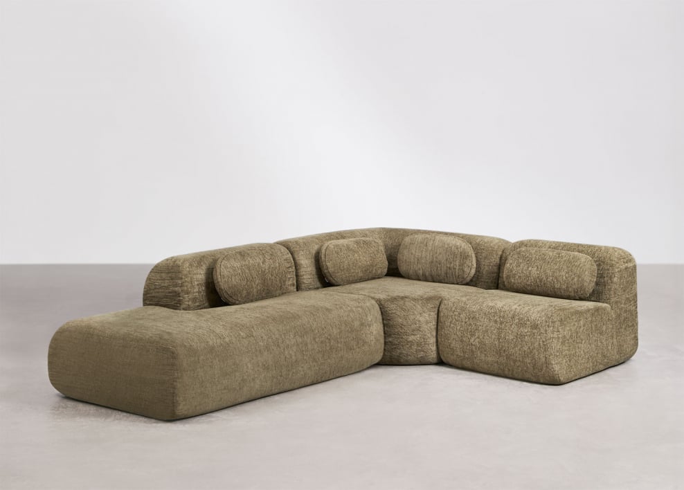 Divano modulare angolare a 3 pezzi con chaise longue sinistra in ciniglia confezionato sottovuoto Merida - Chenille spessa verde salvia