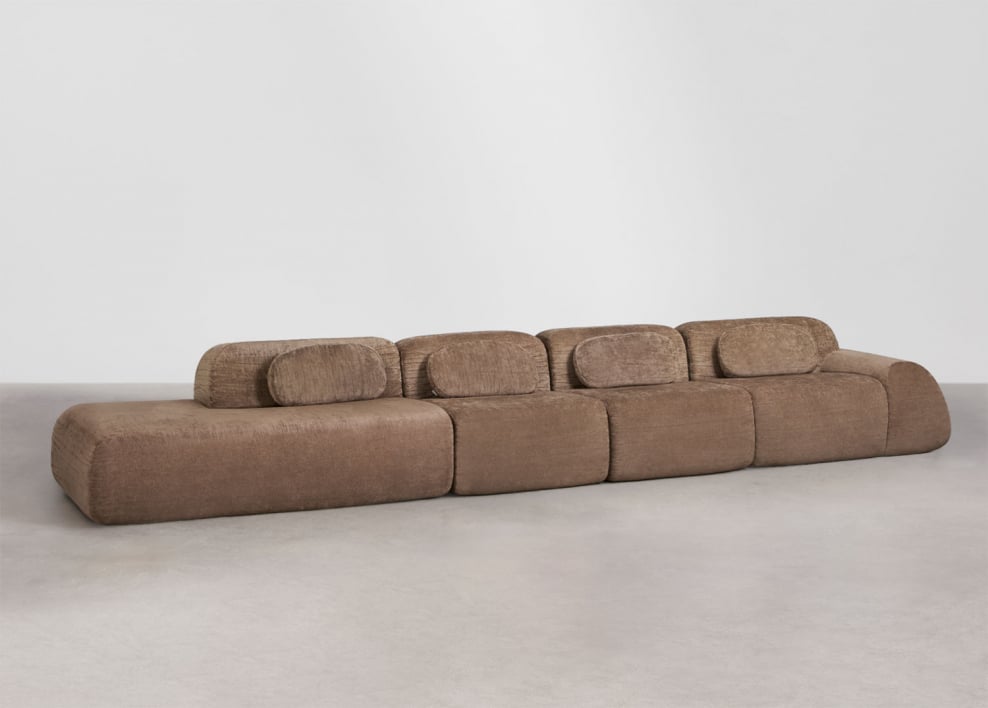 Divano modulare angolare a 4 pezzi con chaise longue sinistra in ciniglia confezionato sottovuoto Merida - Chenille marrone caramello