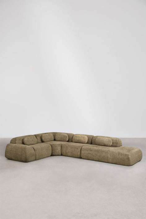 Divano modulare angolare a 4 pezzi con chaise longue a destra in ciniglia confezionato sottovuoto Merida - Chenille spessa verde salvia