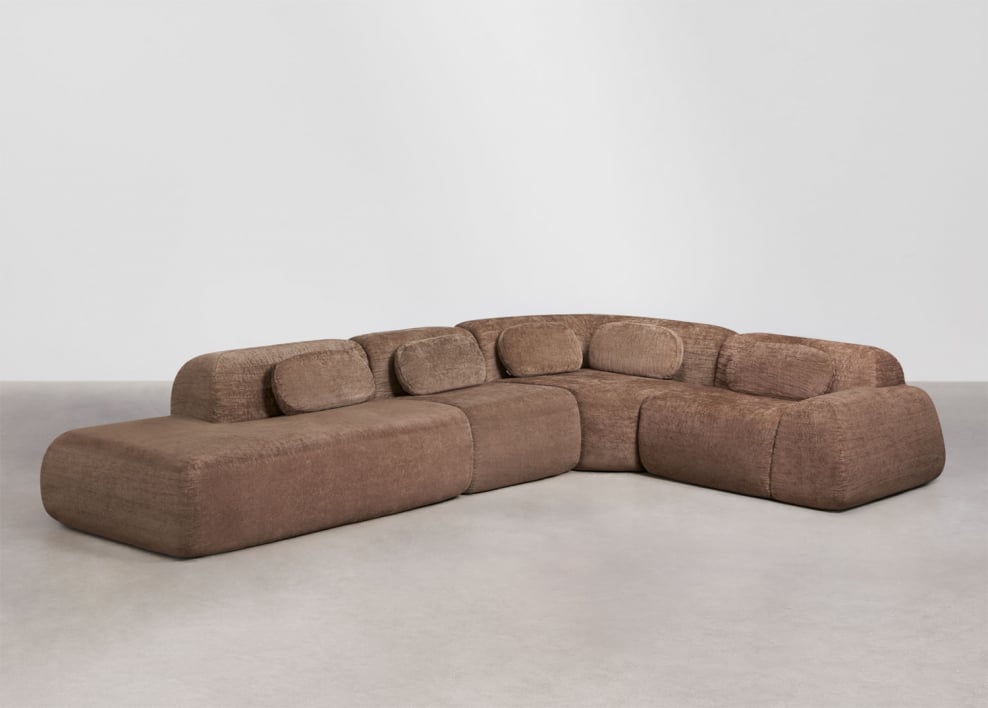 Divano modulare angolare a 4 pezzi con chaise longue sinistra in ciniglia confezionato sottovuoto Mérida - Chenille marrone caramello