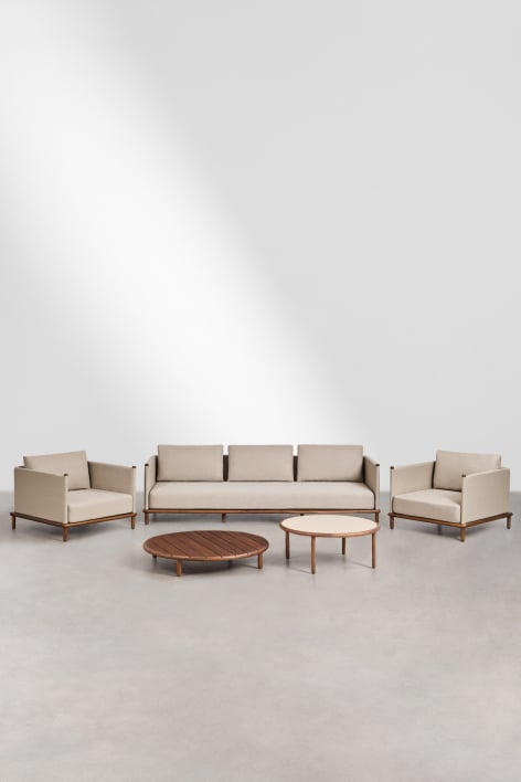 Set da giardino con divano a 3 posti, 2 poltrone e 2 tavolini rotondi in legno di acacia Olivia - Marrone acacia scuro - Beige Semoline