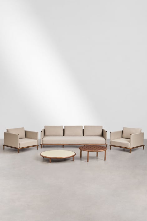 Set da giardino con divano a 3 posti, 2 poltrone e 2 tavolini rotondi in legno di acacia Olivia - Beige Semoline - Marrone acacia scuro