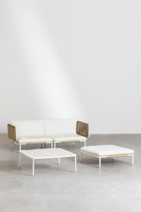Set da giardino con divano modulare a 2 pezzi con 2 moduli angolari, tavolino da caffè e pouf in acciaio Roubly