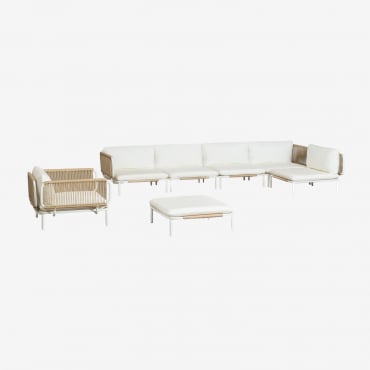Set Da Giardino Con Divano Modulare Angolare A 5 Pezzi, Pouf E Poltrona In Acciaio Roubly Beige A Mandorla - Sklum