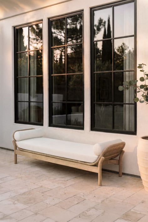 Daybed da giardino in legno di acacia chiara e corda intrecciata con tessuto bianco Karvia
