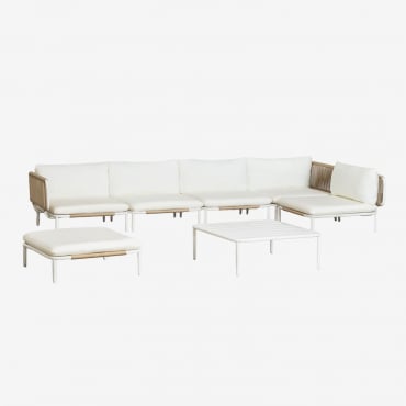 Set Da Giardino Con Divano Modulare Angolare A 5 Pezzi, Tavolino Da Caffè E Pouf In Acciaio Roubly Beige A Mandorla - Sklum
