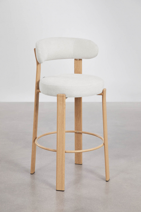 Sgabello alto con schienale in tessuto chenille e ferro Jolie - Marrone Legno Naturale