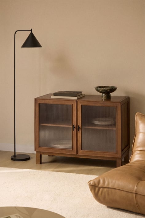 Credenza rettangolare 100x45 cm legno mango e vetro maniglie nere Ildara - Nero - Legno di Mango Scuro