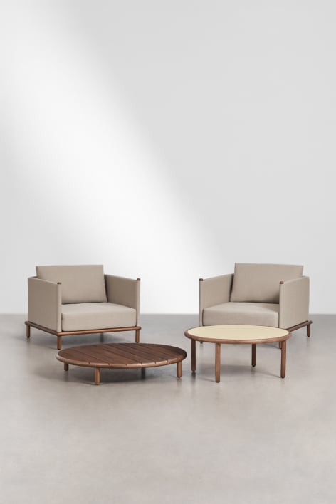 Set da giardino con 2 poltrone e 2 tavolini rotondi in legno di acacia Olivia - Marrone acacia scuro - Beige Semoline