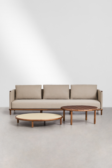 Set da giardino con divano 3 posti e 2 tavolini rotondi in legno di acacia Olivia - Beige Semoline - Marrone acacia scuro