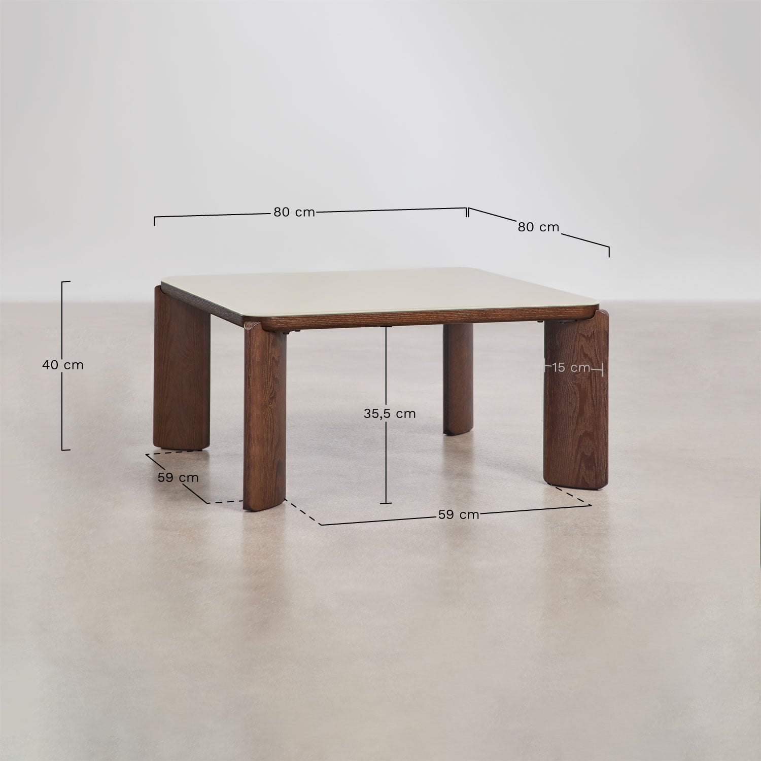 Nilea tavolino da caffè quadrato 80x80 cm in vetro temperato e MDF, MISURE
