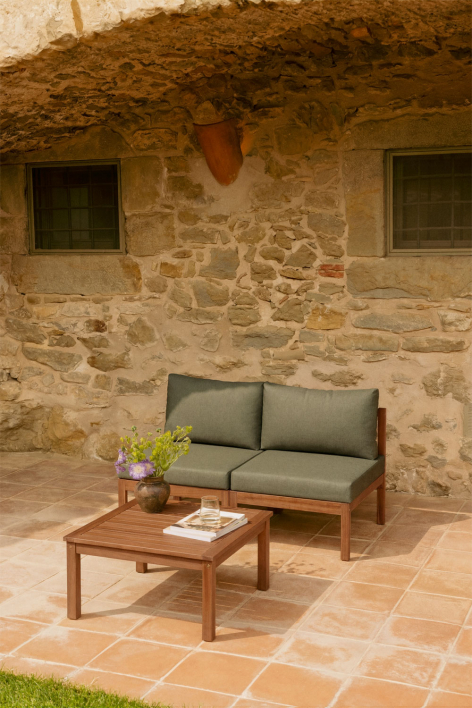 Set da giardino con divano modulare a 2 pezzi e tavolino in legno di acacia Branson - Verde Oliva Intenso - Marrone Acacia Scuro