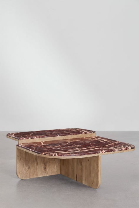 Tavolino da caffè 90x90 cm in pietra naturale e legno di mango Clotsh - Marmo Rosso Cherry Gold
