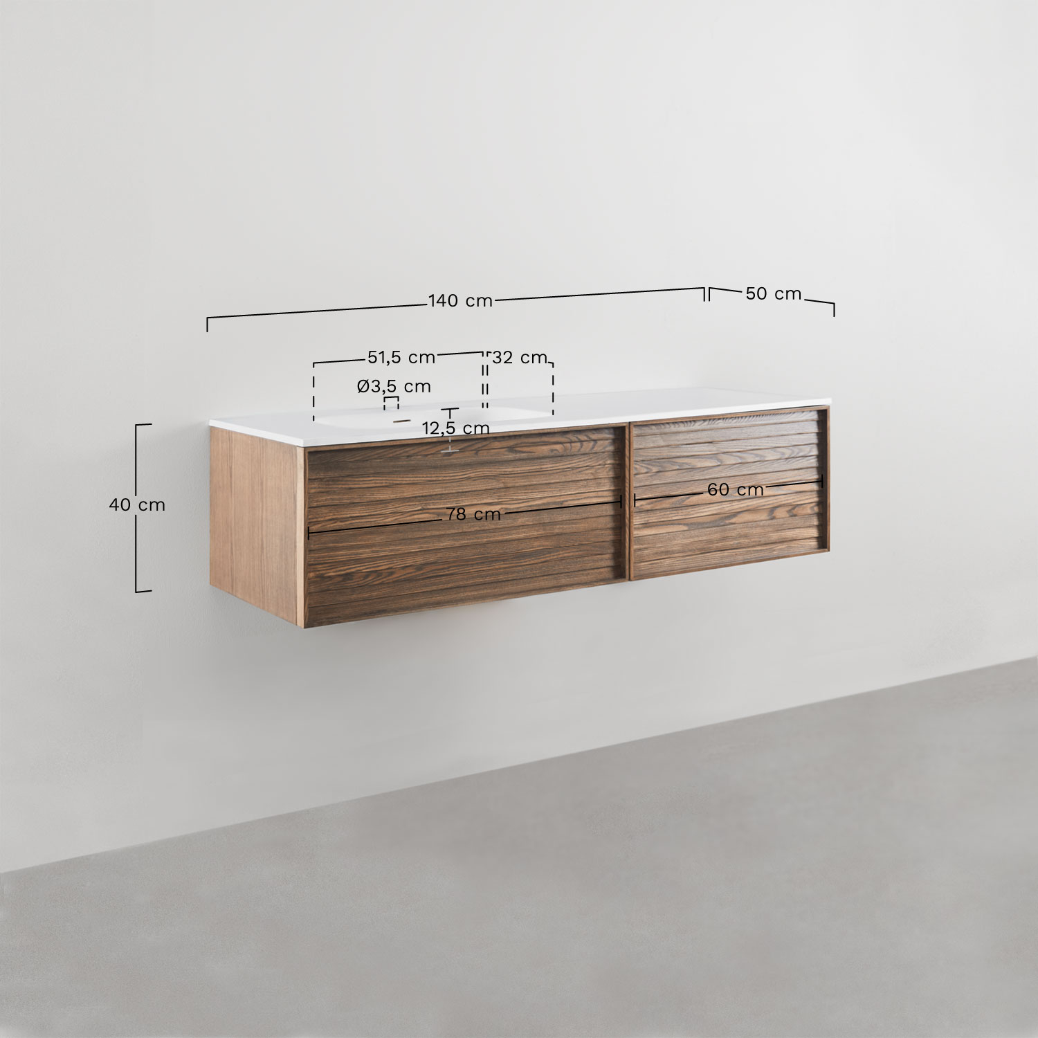 Set di mobile bagno sospeso 140x50 cm in legno con lavabo integrato Solea, MISURE