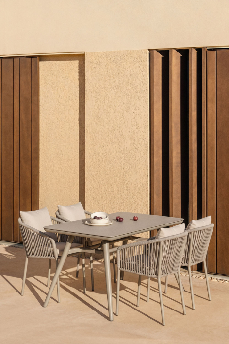 Set da tavolo rettangolare 160x90 cm e 4 sedie da giardino in corda intrecciata Arhiza Classic - Moka Brown