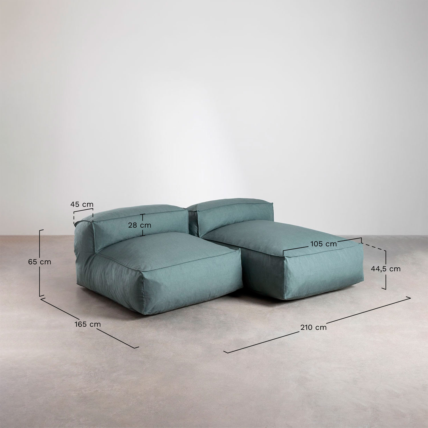 Divano modulare con chaise longue a 2 pezzi per giardino Dojans, MISURE