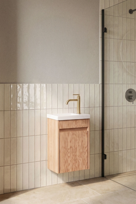 Set di mobili da bagno sospesi in legno con lavabo integrato Narek - Marrone Frassino
