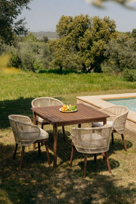 Set da tavolo estensibile 100-160x100 cm Karvia e 4 sedie da giardino in legno di acacia e corda intrecciata Capri - Beige Crema