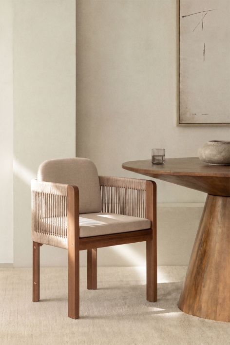 Sedia da pranzo Serel con braccioli in legno di acacia e corda intrecciata - Acacia Marrone