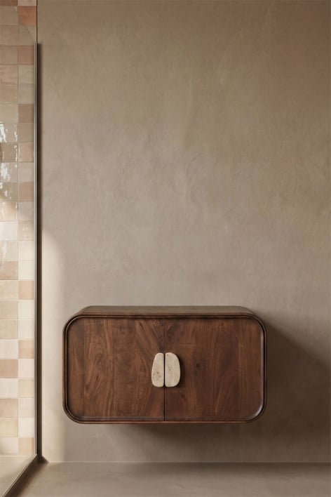 Set di mobili da bagno sospesi 95x45 cm in legno di mango e pietra naturale Kivalina - Travertino - Legno di mango scuro