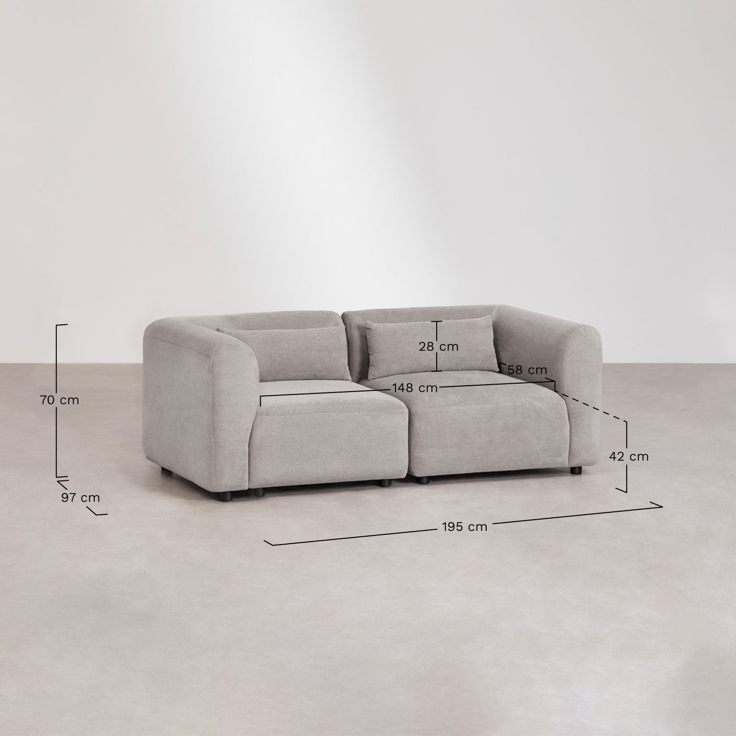 Set soggiorno con divano modulare a 2 pezzi e 2 poltrone Fogler, MISURE