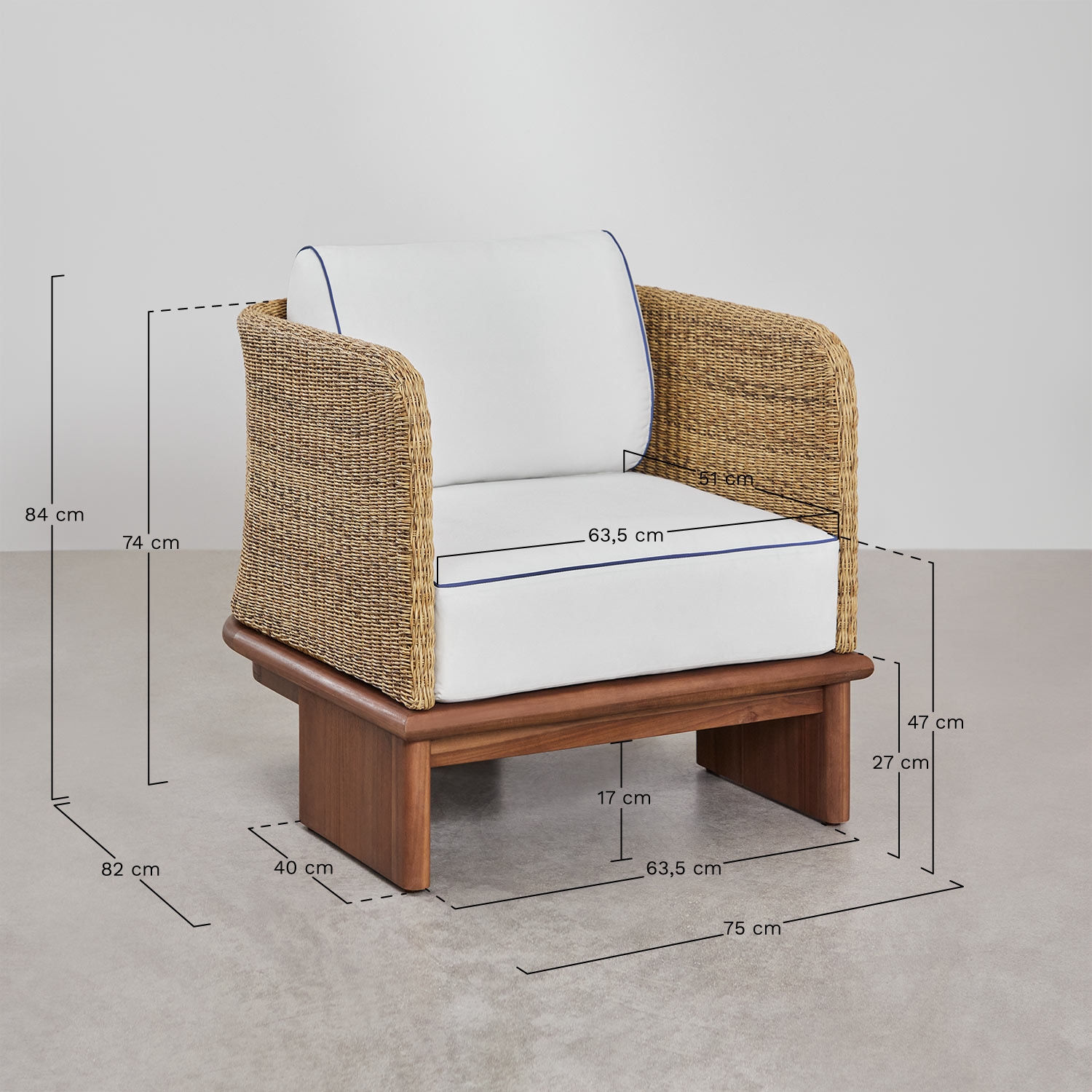 Set da giardino con 2 poltrone e tavolino quadrato 70x70 cm in rattan e legno di acacia Famara, MISURE