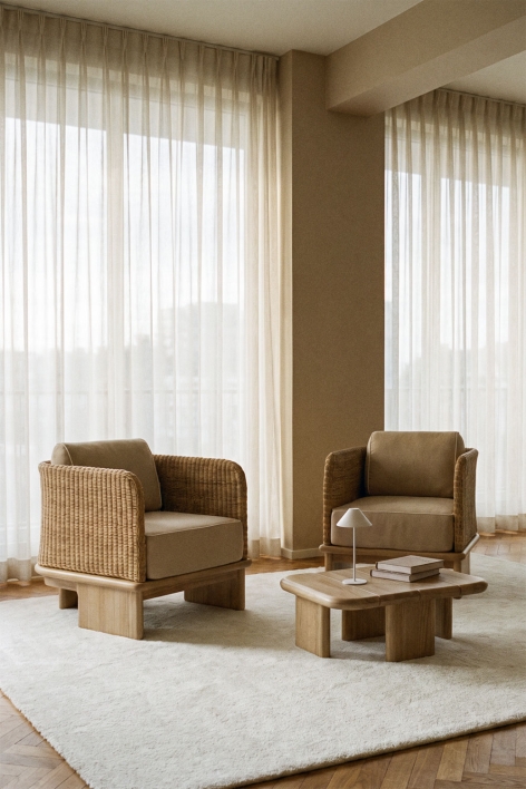Set da salotto con 2 poltrone e tavolino quadrato 70x70 cm in rattan e legno di acacia Famara - Acacia Marrone Chiaro