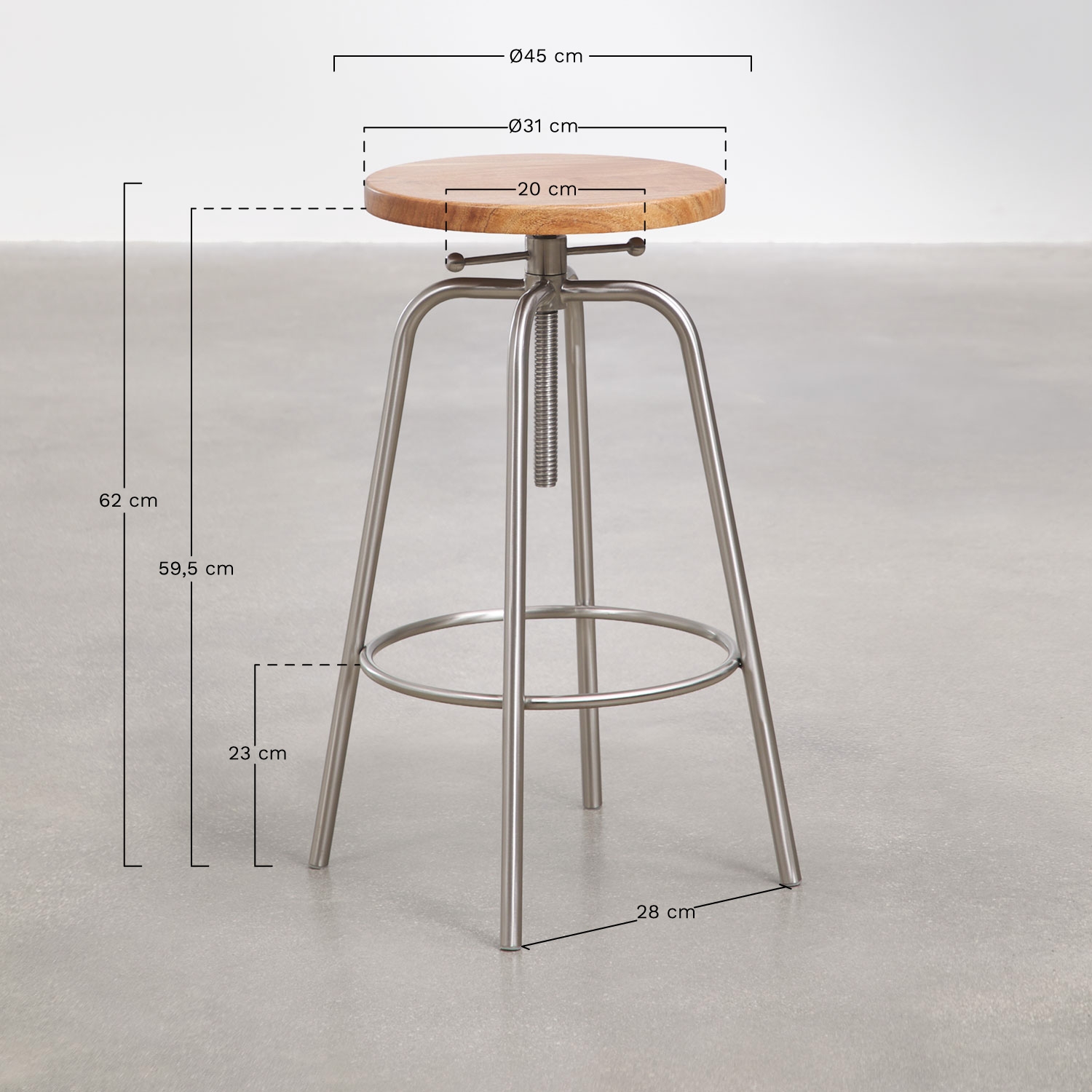 Set di 2 sgabelli alti regolabili in acciaio inox e legno Bangalore, MISURE