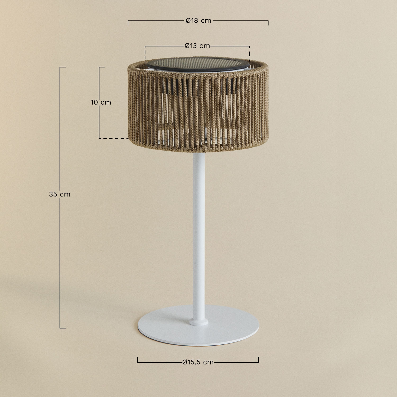 Lampada da tavolo solare LED wireless per esterni in ferro e corda intrecciata Krabi, MISURE