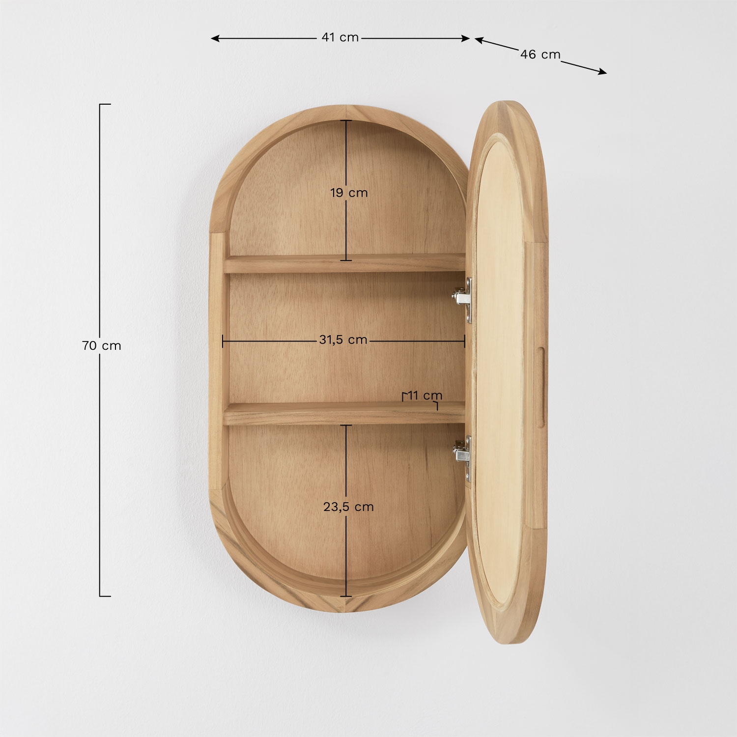 Armadio da parete ovale 35x70 cm per bagno in legno di teak con specchio Ian, MISURE