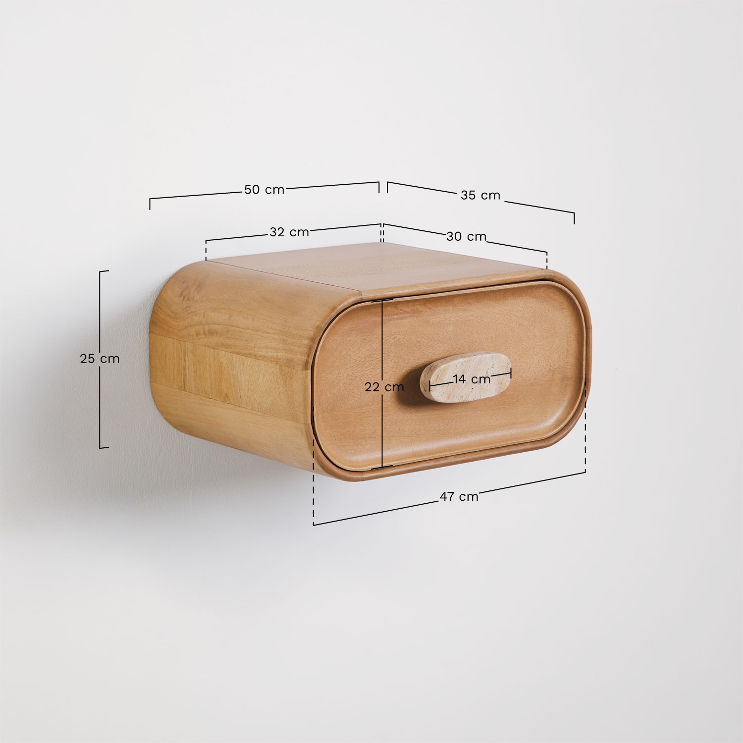 Mesita da notte sospesa 50x35 cm in legno di mango e pietra naturale Kivalina, MISURE