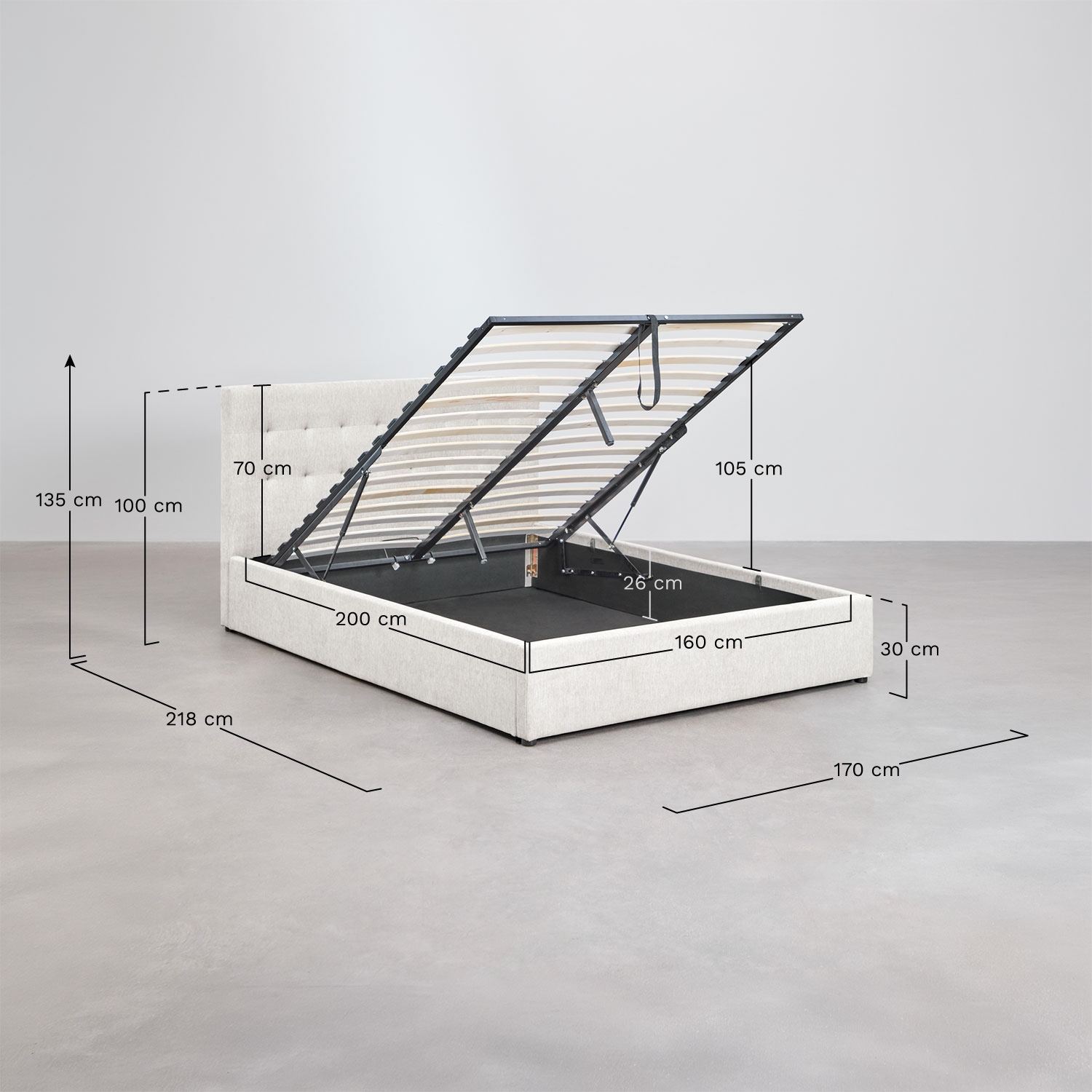 Letto con contenitore imbottito Abiel, MISURE