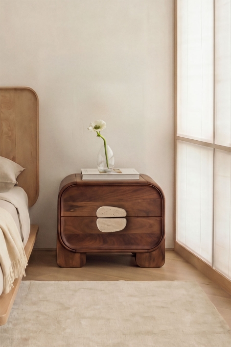 Comodino 50x35 cm in legno di mango e pietra naturale Kivalina - Travertino - Legno di mango scuro