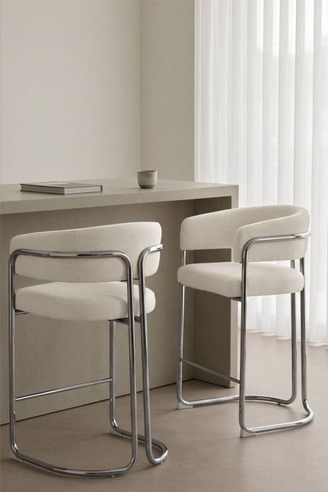 Sgabello alto con schienale imbottito e struttura in ferro Zantria - Ciniglia Beige Crema